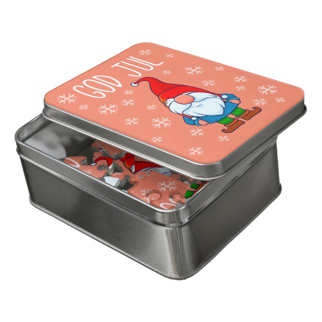 God Jul, Swedish Tomte Gnome, Scandinavian Merry Jigsaw Puzzle (Lid Open)