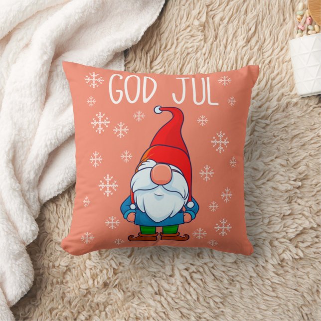 God Jul, Swedish Tomte Gnome, Scandinavian Merry Throw Pillow (Blanket)