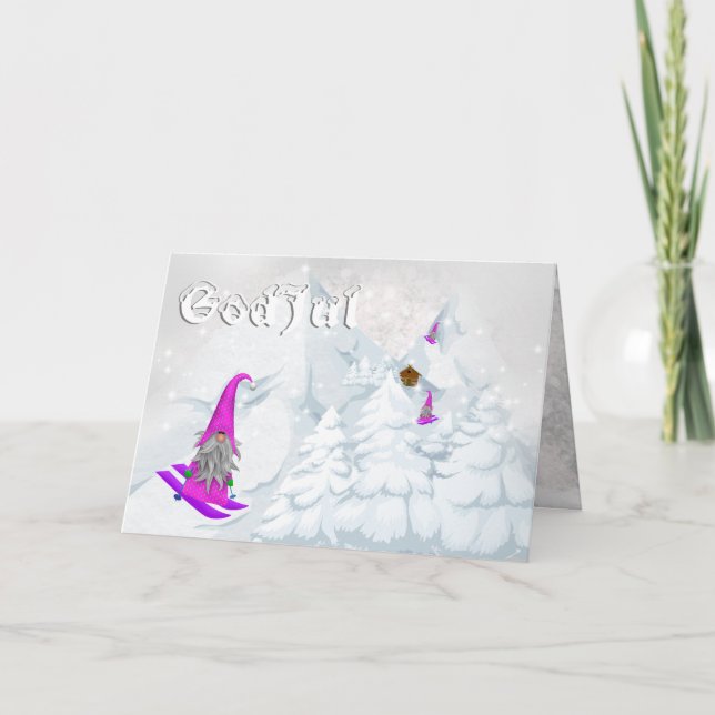 God jul tomte snow skiing Swedish woodland modern Holiday Card (Front)