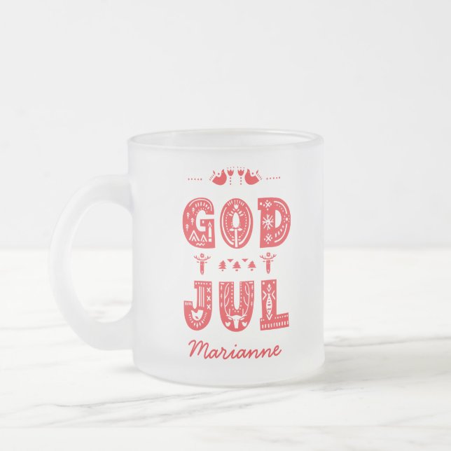 God Jul Traditional Swedish Christmas Font Frosted Glass Coffee Mug (Left)