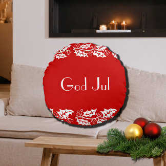 God Jul white hollies in red - Round Pillow