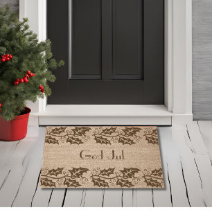 God Jul with holly borders Fiber Doormat
