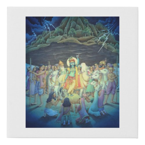 God Krishna lifting Govardhan mountain Faux Canvas Print