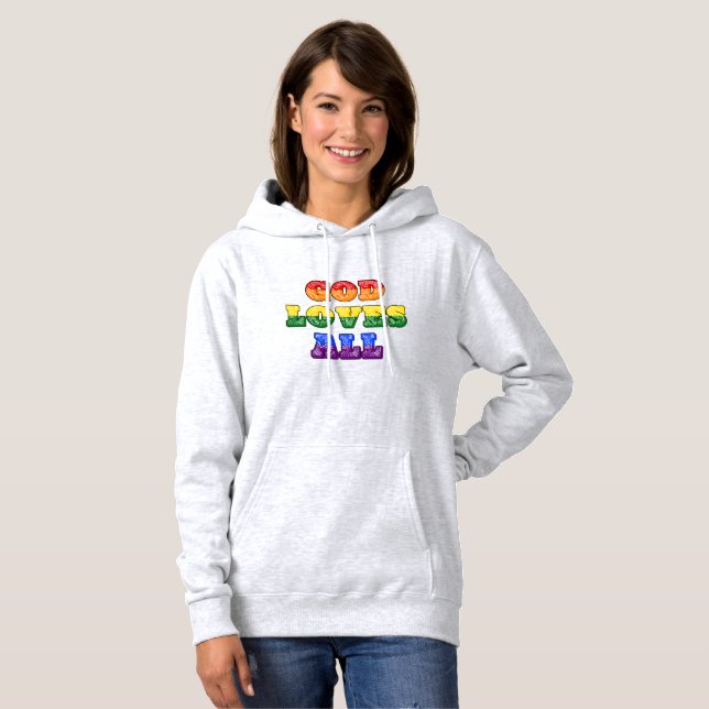 "God Loves All" Gay/LGBTQIA+/Queer Christian Pride Hoodie (Front Full)