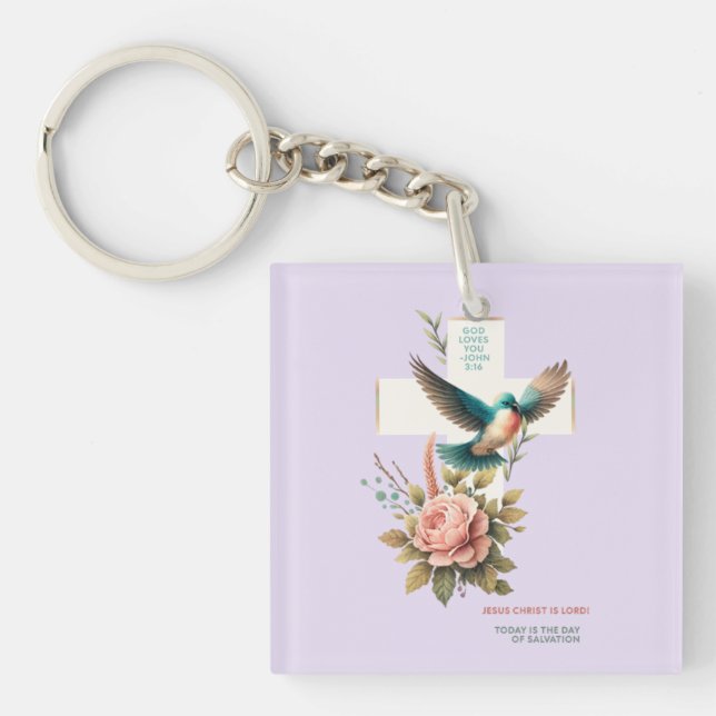 God Loves You Cross and Bird  Design Keychain (Front)