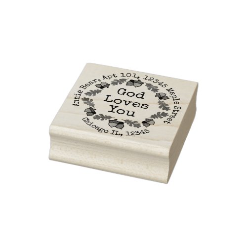 God Loves You Oak Acorn Wreath with Return Address Rubber Stamp