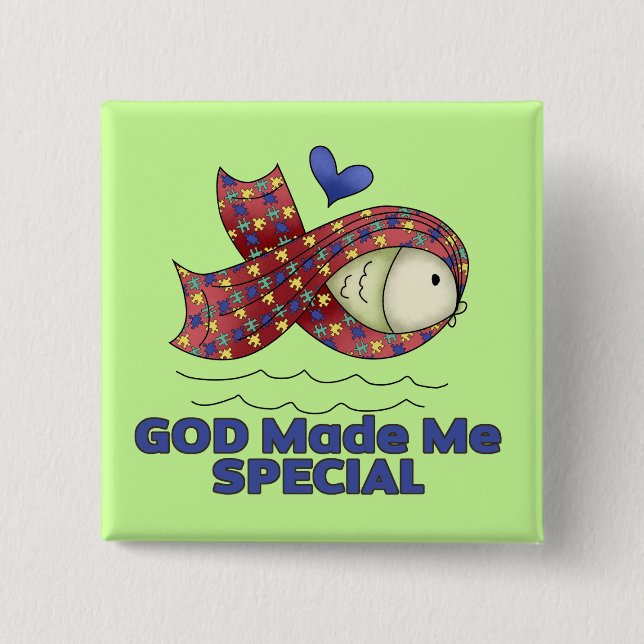 God Made Me Special Autism Fish Symbol Pinback Button (Front)