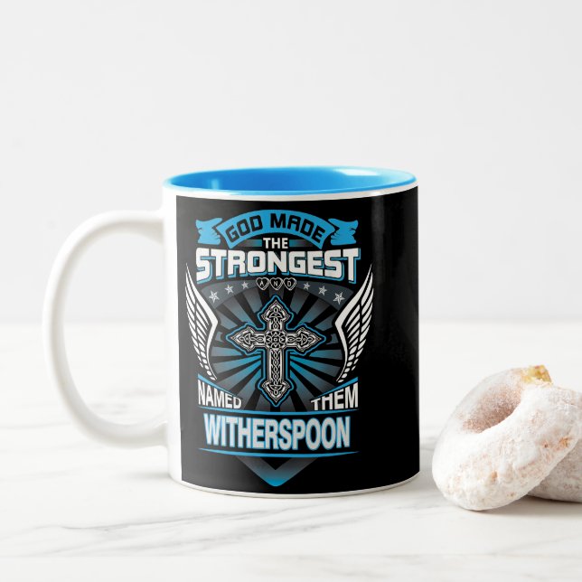 God Made The Strongest And Named Them Witherspoon Two-Tone Coffee Mug (With Donut)