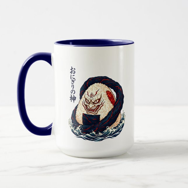 God of Onigiri Oni Samurai Japanese Rice Ball Wave Mug (Left)
