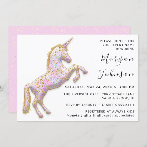 God Pink Unicorn Horse White Birthday Baby Shower Invitation
