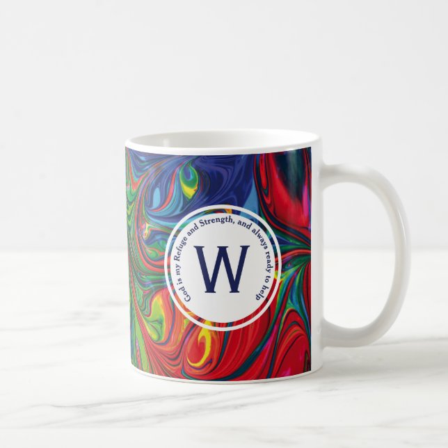 GOD REFUGE STRENGTH Abstract Monogram Custom BLUE Coffee Mug (Right)