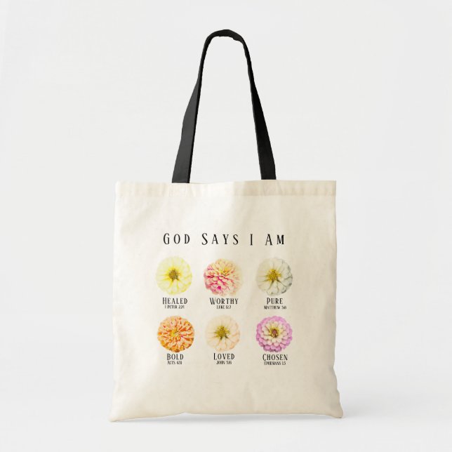God Says I Am Affirmation Pastel Floral Tote Bag (Front)
