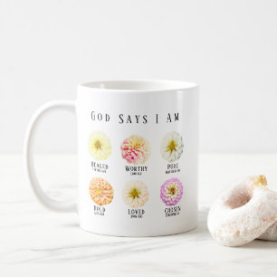 God Says I Am Affirmation Scripture Pastel Floral Coffee Mug