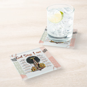God Says I AM Black Christian Women Glass Coaster
