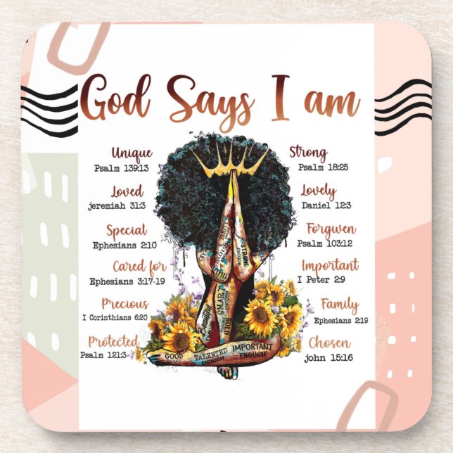 God Says I AM Black Christian Women Melanin Sista Beverage Coaster (Front)
