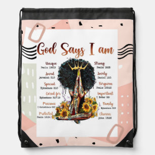 God Says I AM Black Christian Women Melanin Sista Drawstring Bag