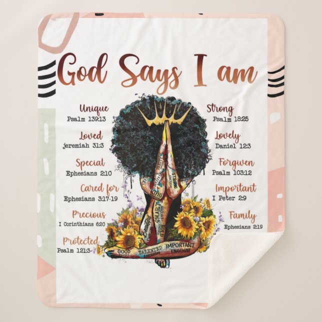God Says I AM Black Christian Women Melanin Sista Sherpa Blanket (Front)