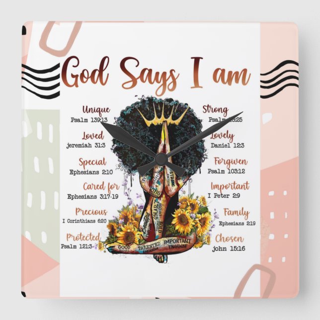 God Says I AM Black Christian Women Melanin Sista Square Wall Clock (Front)