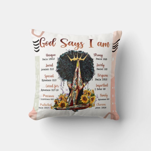 God Says I AM Black Christian Women Melanin Sista Throw Pillow (Front)