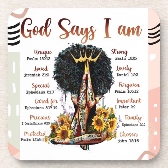 God Says I AM Black Christian Women Sista Melanin Beverage Coaster (Front)