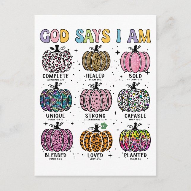 God says I am fall autumn harvest falling leaf Hal Holiday Postcard (Front)