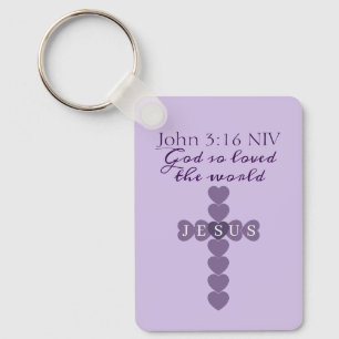 God So Loved the World Lavender Heart Cross Keychain