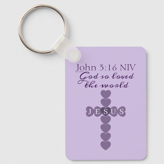 God So Loved the World Lavender Heart Cross Keychain (Front)