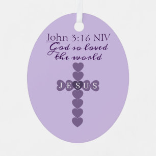 God So Loved the World Lavender Heart Cross Metal Ornament