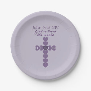 God So Loved the World Lavender Heart Cross Paper Plates