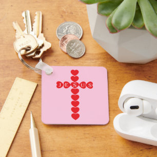 God So Loved the World Red Heart Cross Pink Name Keychain