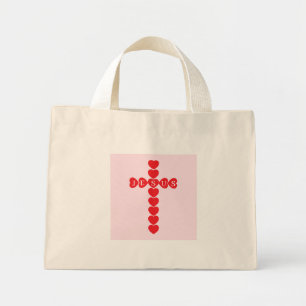 God So Loved the World Red Heart Cross Pink Name Mini Tote Bag