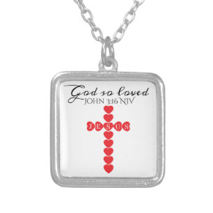 God So Loved the World Red Heart Cross White Silver Plated Necklace