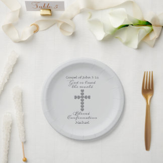 God So Loved the World Silver Heart Cross Gray Paper Plates