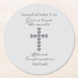 God So Loved the World Silver Heart Cross Gray Round Paper Coaster