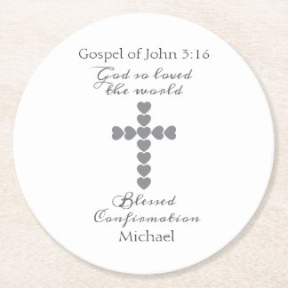 God So Loved the World Silver Heart Cross White Round Paper Coaster