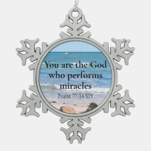 God Who Performs Miracles Ocean Blue Bible Verse Snowflake Pewter Christmas Ornament