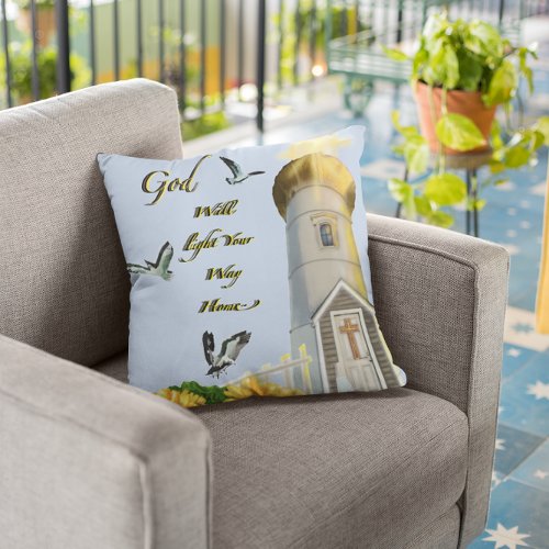 God Will Light Your Way Home Lighthouse Throw Pillow