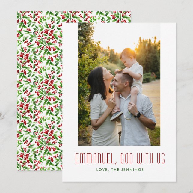 God With Us Red and Green Religious Photo Holiday Card (Front/Back)