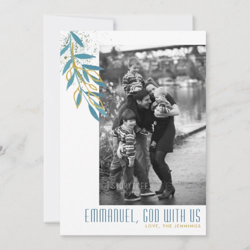 God With Us Teal  Gold Leaves Religious Photo Holiday Card