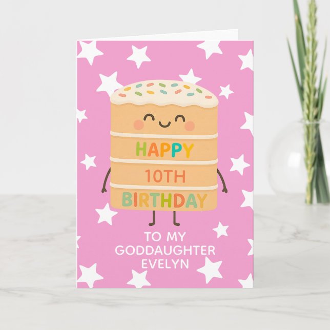 Goddaughter 10th Birthday Cute Cake Custom Pink Card (Front)