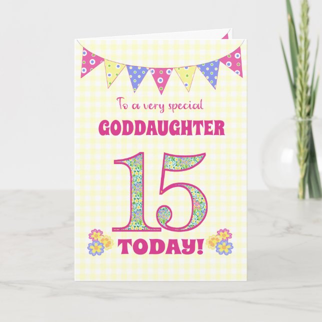Goddaughter 15th Birthday Primroses Bunting Card (Front)