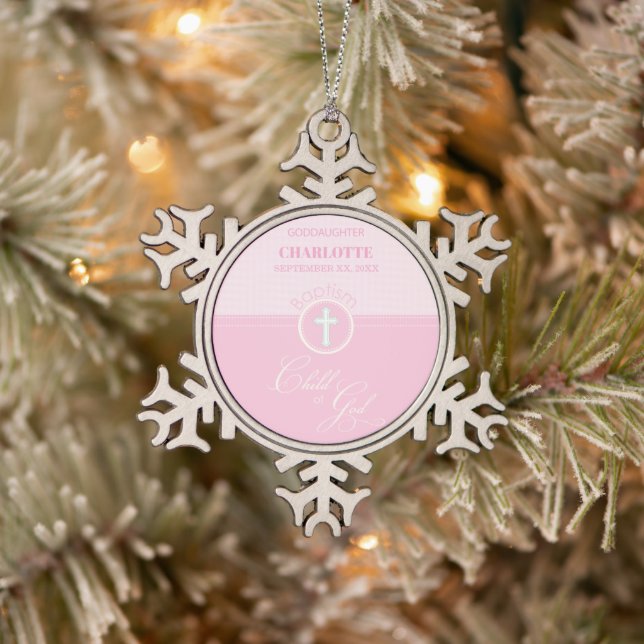 Goddaughter Baptism Pink Child of God Personalized Snowflake Pewter Christmas Ornament (Tree)