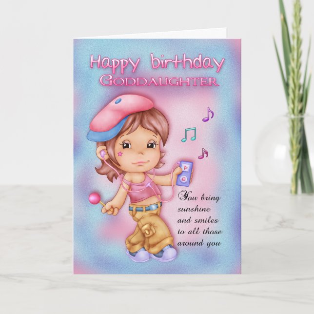 Goddaughter Birthday Card - Cute Girl With Music (Front)