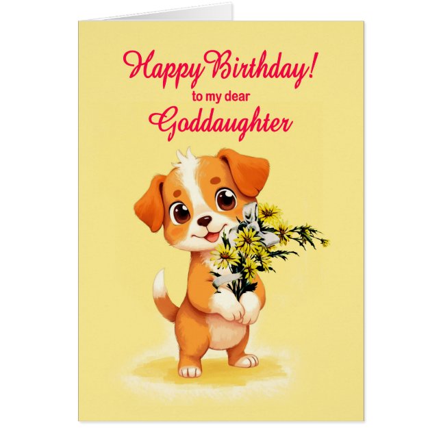 Goddaughter Birthday Puppy and Flowers  Cards (Front)