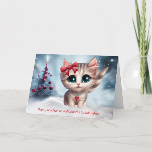 Goddaughter Christmas Holiday with Cute Cat Card (Front)