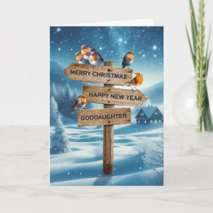 Goddaughter Christmas Robins on a Signpost Holiday Card
