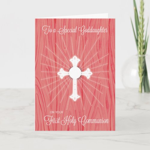 Goddaughter First Communion Cross and Rays on Pink Card