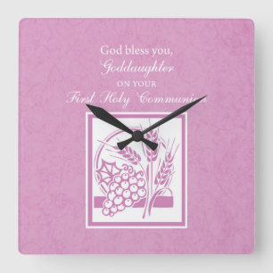 Goddaughter First Communion, Pink Square Wall Clock