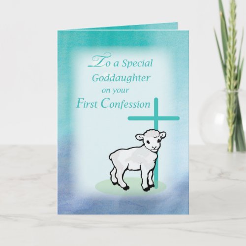 Goddaughter First Confession Lamb Cross on Teal Card
