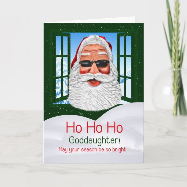Goddaughter Funny Christmas Santa in Sunglasses Holiday Card (Front)